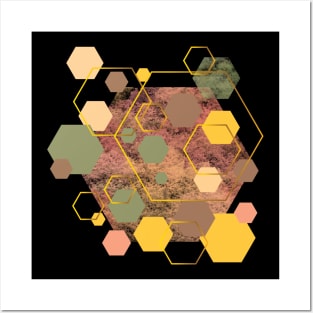 Green, olive, yellow, dusty pink, pink, brown and gold geometric hexagons Posters and Art